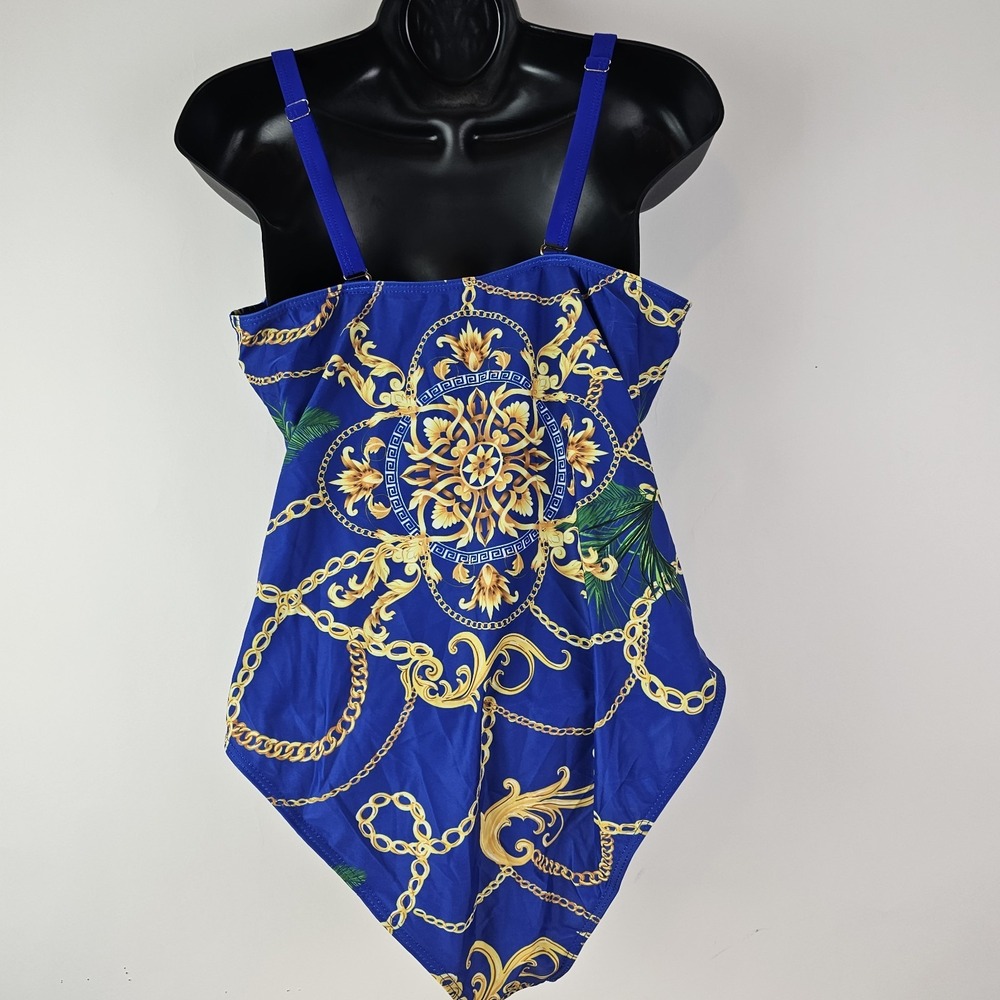 Ladies Blue Gold Swimsuit and Cover Up Sarong Tropical XL One Piece Bathing Suit - Picture 6 of 9